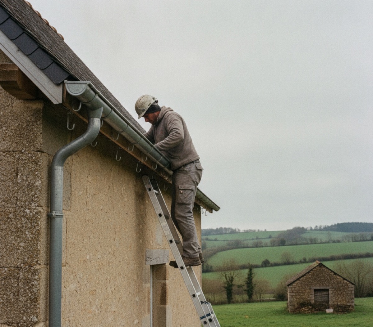 Pose d'une gouttière en zinc sur une maison